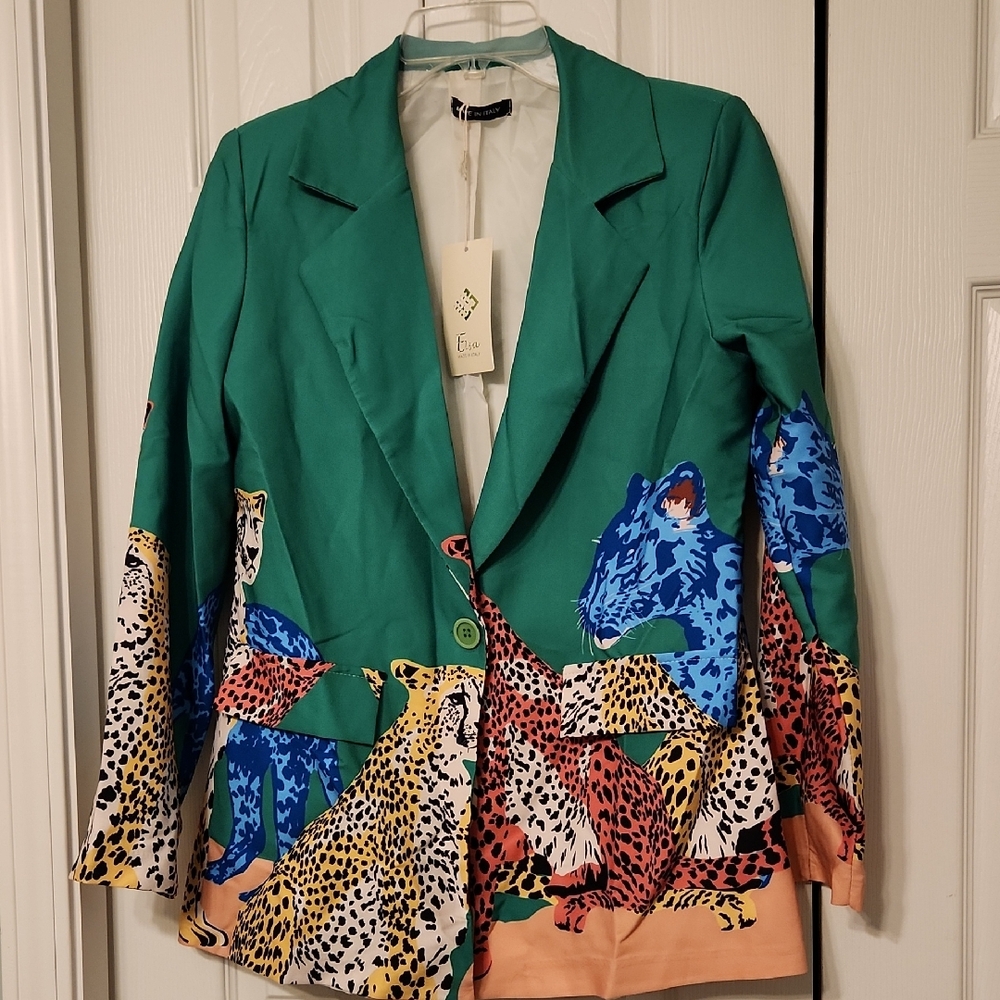 ELSA Green and Multicolor Cheetah Print Blazer Lisa Frank Vibes!